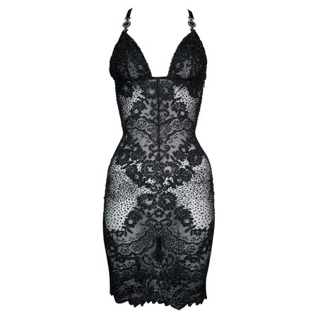 F/W 1996 Gianni Versace Sheer Black Silk Mesh Lace Beaded Mini Dress