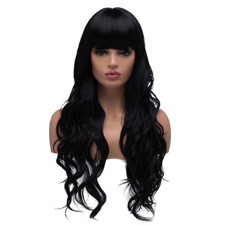 BESTUNG Long Curly Wavy Cosplay Wigs for Women Ladies Synthetic Full Hair Natural Black Brunette Wig with Straight Bangs - Aliexpress