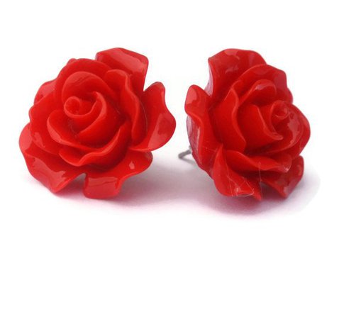 Red Rose Earrings, Large Resin Flower Studs, Vintage Style, Retro, Rockabilly, Pinup, Post, Clip On
