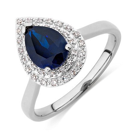 Ring with Created Dark Blue Sapphire & Diamonds in 10kt White Gold