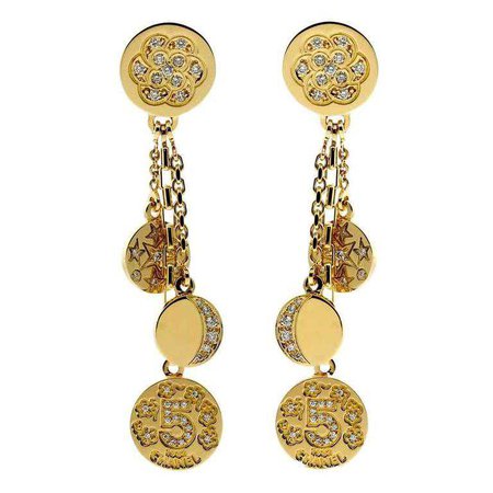 Chanel Diamond Gold Charm Earrings For Sale at 1stdibs