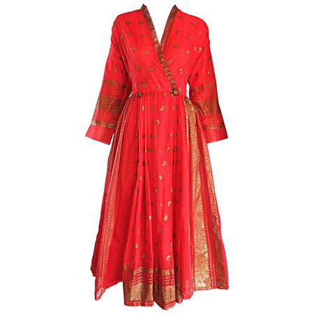 Vintage Maxan 1950 Red and Gold Hand Painted Silk Kimono Style 50s Wrap Dress For Sale at 1stdibs