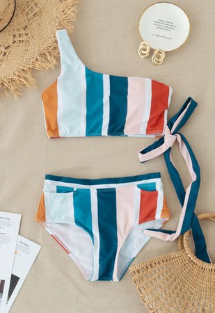 Color Block Stripe Bowknot One-Shoulder Bikini Set - Retro, Indie and Unique Fashion