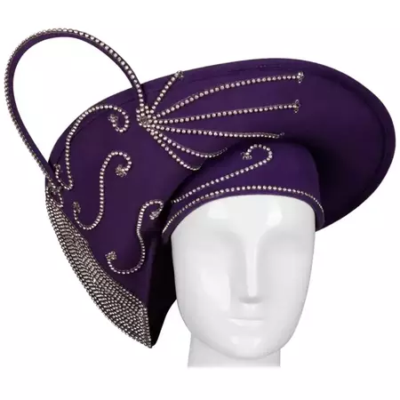 George Zamau'l Vintage Avant Garde Purple Rhinestone Wool Hat Unworn with Tags For Sale at 1stDibs | avant garde hats, vintage wool hat, embellished hats robyn