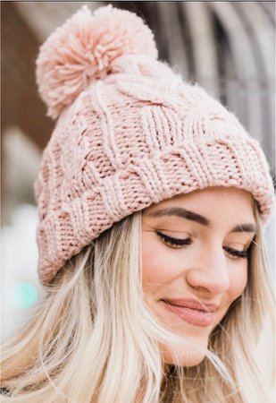 Pink Pom Cable Knit Beanie Model