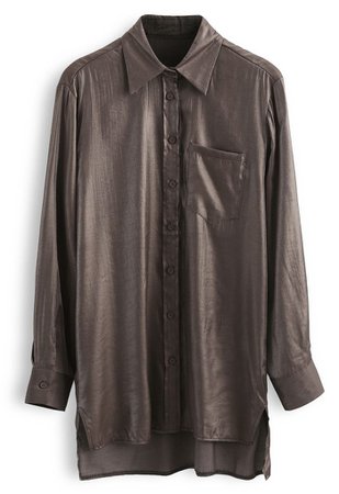 Glitter Button Down Split Hi-Lo Shirt in Brown - Retro, Indie and Unique Fashion