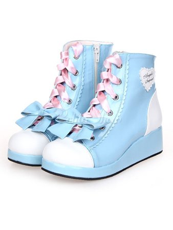 Sweet Lolita Shoes Blue Wedge Lace Up Bow Zipper Lolita Boots - Lolitashow.com