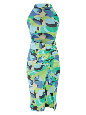 PLT Green Abstract Print High Neck Cut Out Ruched Skirt Midi Dress