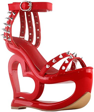 *clipped by @luci-her* Punk Red Spikes Strappy Heart Heel Wedge Sandals, LF40204 | Heeled Sandals