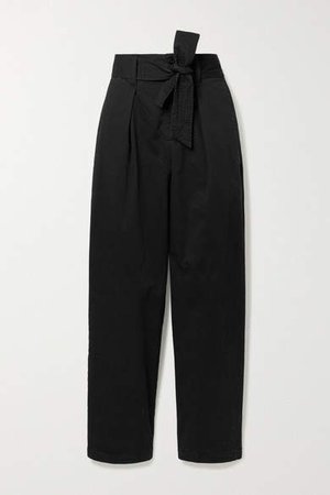 Belted Pleated Cotton-blend Tapered Pants - Black