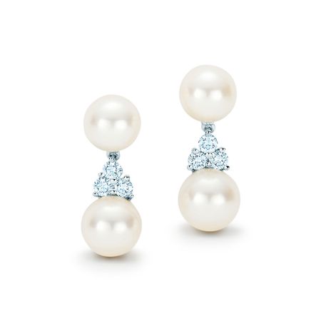 Tiffany Aria drop earrings of Akoya cultured pearls and diamonds in platinum. | Tiffany & Co.