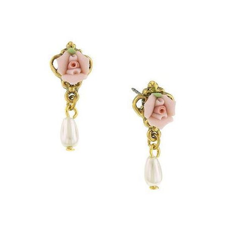 1928 Jewelry Gold-Tone Pink Porcelain Rose Costume Pearl Drop Earrings
