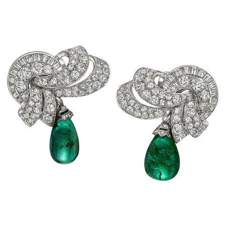Art Deco Diamond and Emerald Bead Drop Earrings For Sale at 1stDibs