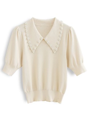 Pearly Collar Puff Sleeves Knit Top in Cream - Retro, Indie and Unique Fashion