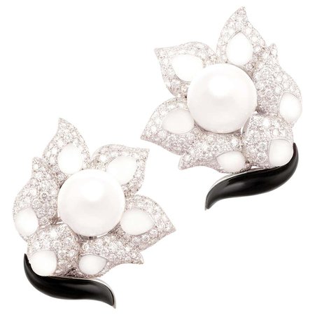 Ella Gafter South Sea Pearl Diamond Earrings Onyx For Sale at 1stDibs
