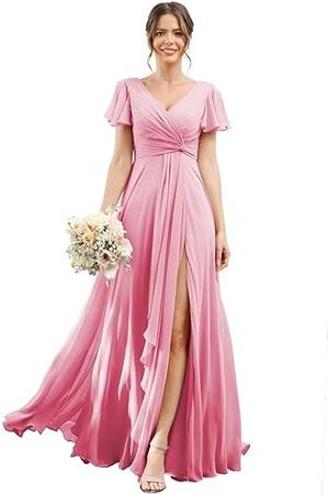 Amazon.com: Refansl Bridesmaid Dresses for Women with Slit Long A Line Chiffon V Neck Sleeves Bridesmaid Dress for Wedding 2024 : Clothing, Shoes & Jewelry