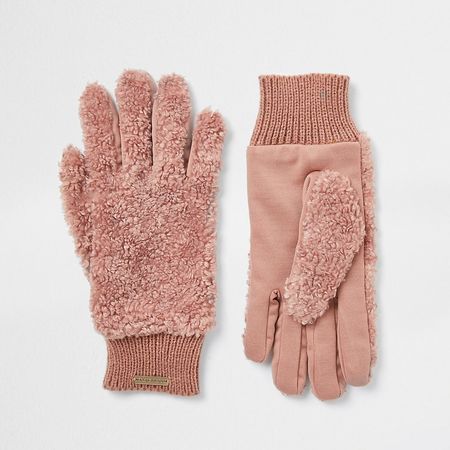 Beige RI teddy fleece gloves | River Island