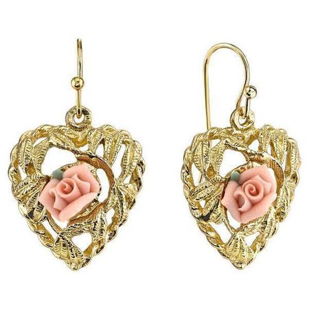 1928 Jewelry Gold-Tone Pink Porcelain Rose Heart Earrings