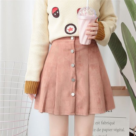 Buttoned Pleated A-Line Skirt (Peach)