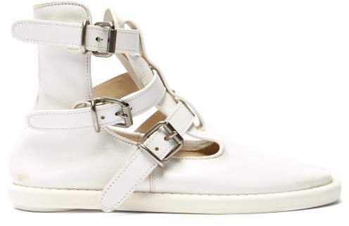 Buckled Leather Ankle Boots - Womens - White