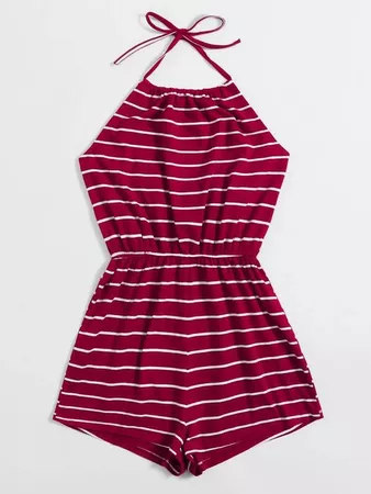 Striped Halter Romper | SHEIN USA burgundy