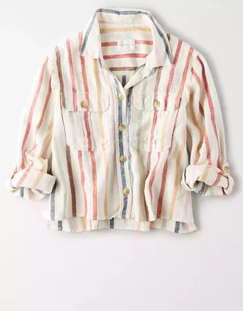 AE Striped Cropped Button Up Shirt white