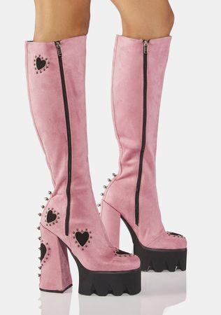 Lamoda Vegan Leather Heart Spike Knee High Platform Heel Boots - Pink/Black – Dolls Kill