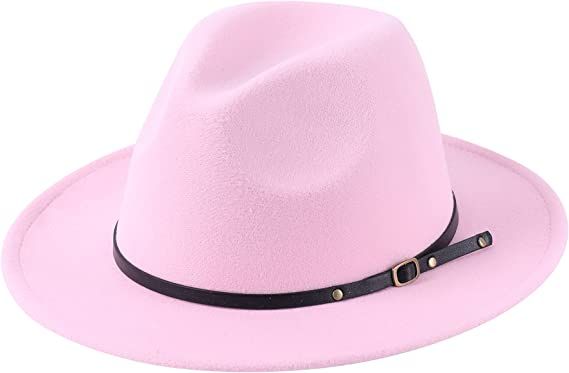 Lanzom Womens Classic Wide Brim Floppy Panama Hat Belt Buckle Wool Fedora Hat (One Size, Pink) at Amazon Women’s Clothing store