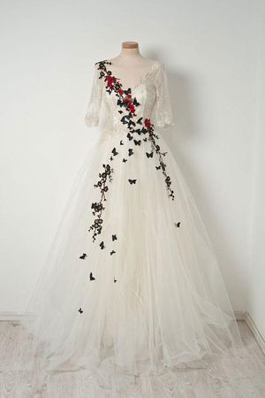 White v neck tulle lace long prom dress, white evening dress - dresstby