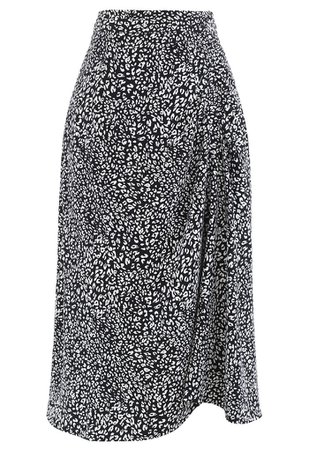 Animal Print Side Ruched Midi Skirt in Black - Retro, Indie and Unique Fashion