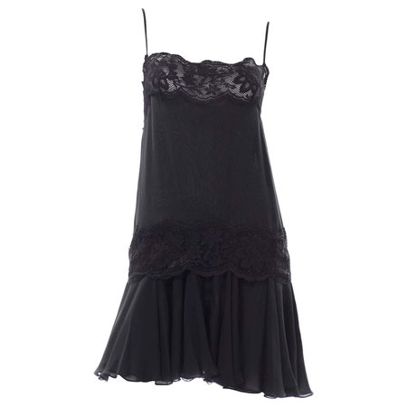 Vintage Valentino Night Black Silk and Lace Slip Evening Dress For Sale at 1stDibs