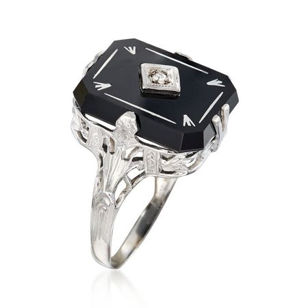 C. 1950 Vintage Black Onyx Ring with Diamond Accents in 14kt White Gold. Size 5.5 | Sidney Thomas
