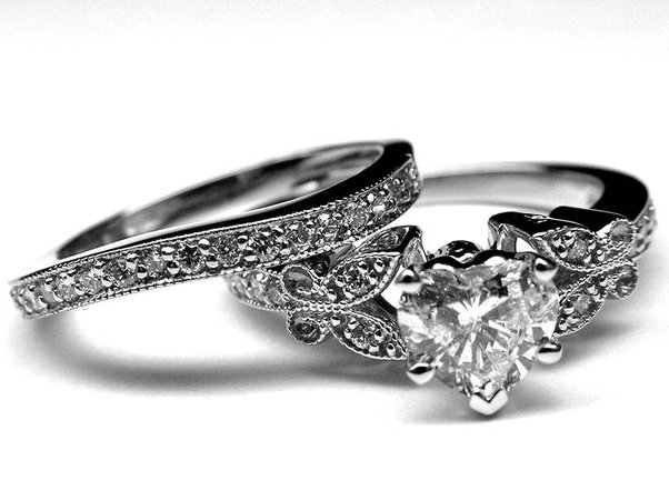 Silver Diamond Heart Wedding Ring & Band