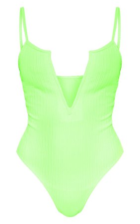 Pretty Little Thing NEON LIME STRAPPY RIBBED V PLUNGE BODYSUIT