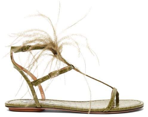 Ponza Feather Embellished Leather Sandals - Womens - Khaki