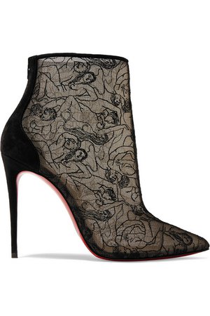 Christian Louboutin | Psybootie 100 suede-trimmed embroidered mesh ankle boots | NET-A-PORTER.COM