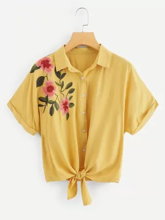 Flower Embroidered Knot Hem Shirt A13255 - FAYROUZY