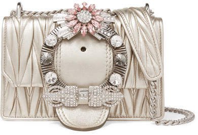Miu Lady Crystal-embellished Metallic Matelassé Leather Shoulder Bag - Gold