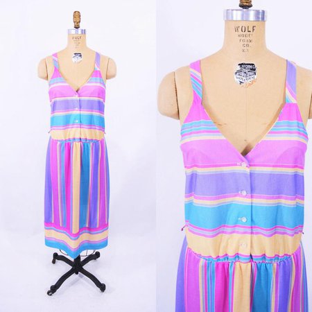1980s stripe dress bright colorful striped sundress | Etsy