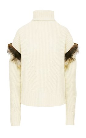 white fur trimmed ribbed knit cashmere silk turtleneck sweater