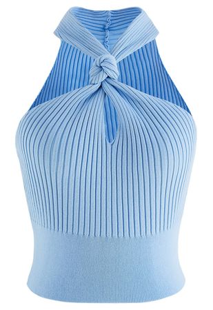 Knot Halter Neck Knit Crop Top in Blue - Retro, Indie and Unique Fashion