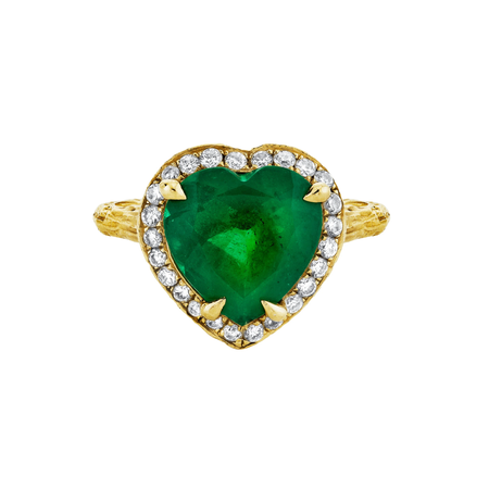 Logan Hollowell 18k Premium Colombian Emerald Heart Queen Ring with Full Pavé Diamond Halo