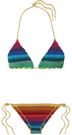 Rose Carmine Metallic Striped Crochet-knit Triangle Bikini - Blue