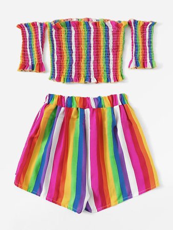 Lettuce Frill Shirred Colorful Striped Top With Shorts