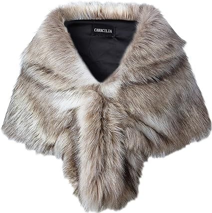 Caracilia Women Luxury Faux Fur Shawl Wrap Stole Cape For Wedding Fox Fur S CA95 Fox White / Brown at Amazon Women’s Clothing store