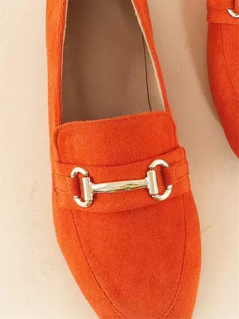 Women's Orange Forward-looking Plain Loafers With Metallic Detailing, Faux Suede Upper And Flat Heels | SHEIN UK