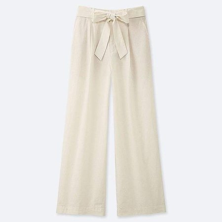 Women's Belted Linen Cotton Wide Straight Pants