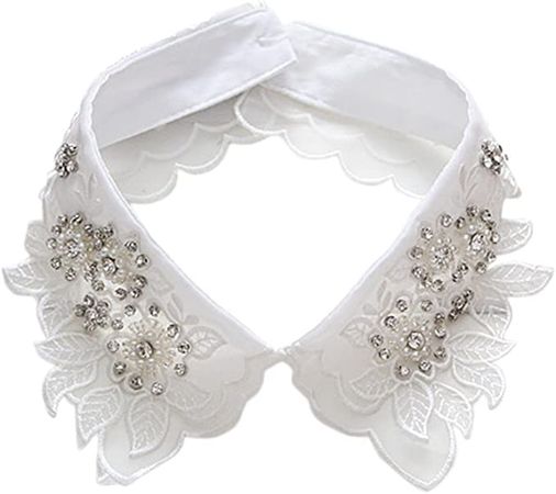 Mural Art Detachable Faux Pearls Rhinestones Embroidered Flowers Stand False Collar Blouse Collar Necklace Choker Cloth Accessory (White) at Amazon Women’s Clothing store