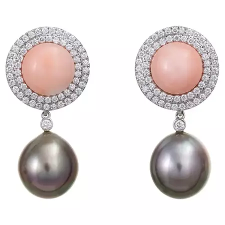Assael Coral Diamond Earrings Tahitian South Sea Pearls Estate 18k White Gold For Sale at 1stDibs | coral and pearl earrings, pearls and corals