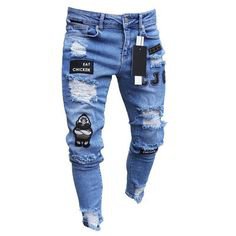 Ma&Baby Men Denim Pants Ripped Jeans Stretch Frayed Biker Slim Fit Trousers Blue XL $30.99 · In stock